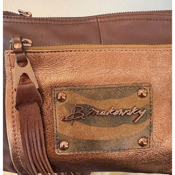 B Makowski Metallic Bronze Brown Pebbled Leather Tassel Crossbody Purse - Picture 13 of 13